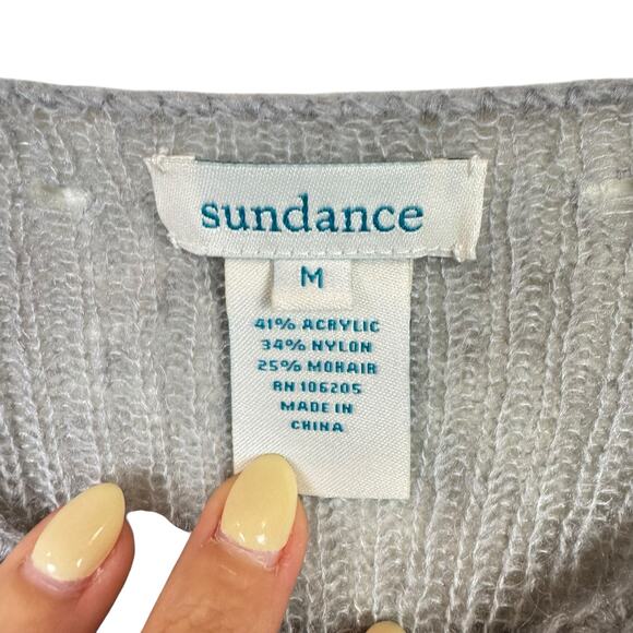Sundance Ice Gray Mohair Pointelle Open Knit Beaded Lightweight Pullover Sweater - Picture 11 of 12